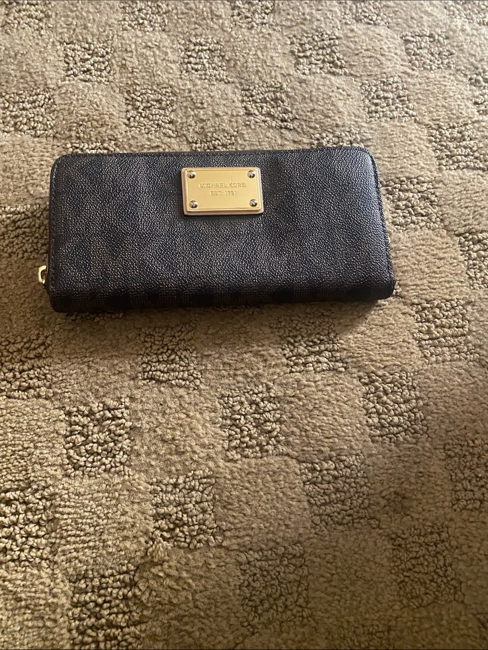 Michael Kors Dark Brown Monogram Zip Continental Wallet with Gold Plaque